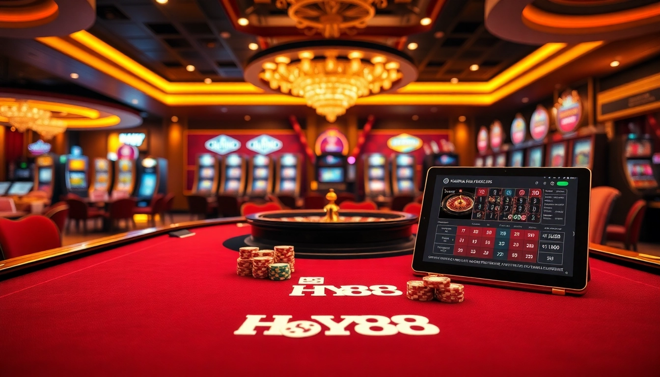 HAY88 casino scene with poker table and slot machines for an immersive gambling experience.