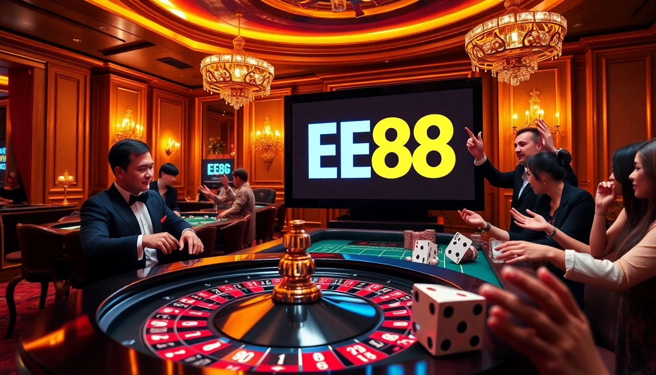 EE88 casino environment with players at roulette and poker table celebrating wins.