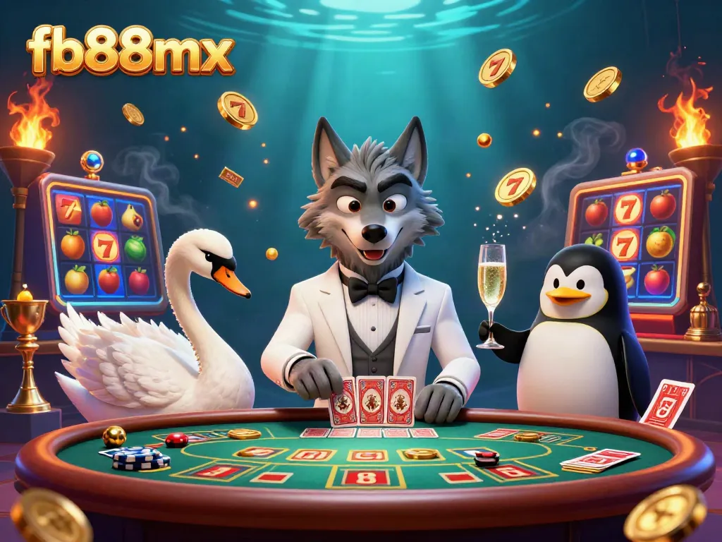 Experience an exciting fb88mx casino scene with cartoon animals at a baccarat table amidst vibrant gaming visuals.