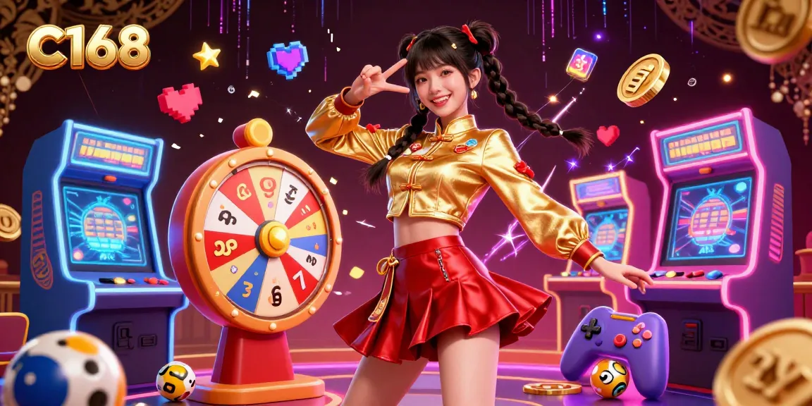 C168 casino illustration featuring an Asian woman celebrating with lottery balls and game elements