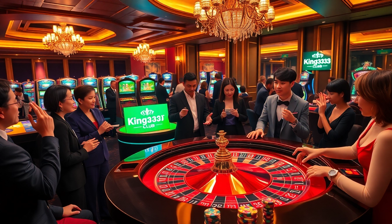 Players revel in a high-energy casino atmosphere at king333.club, engaging in thrilling roulette and card games.