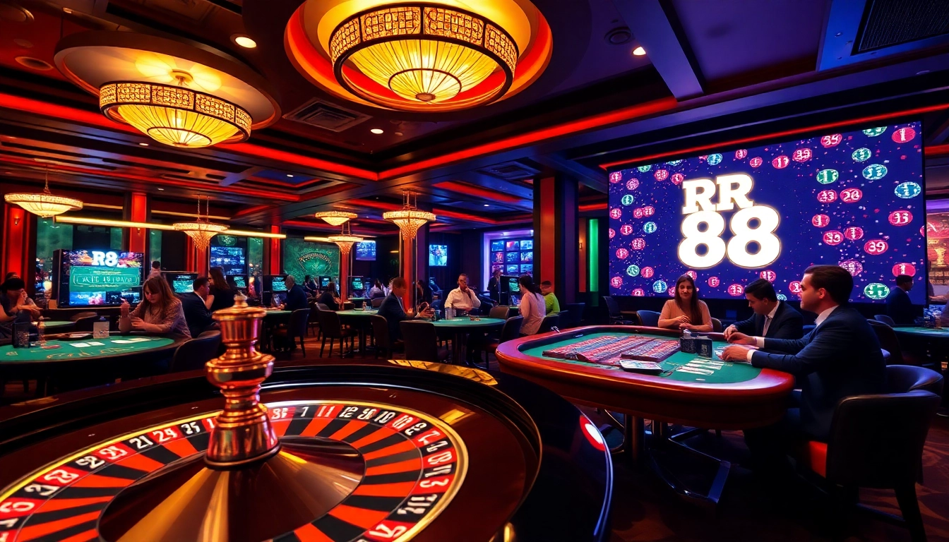Engage with thrilling casino excitement at RR 88 featuring a vibrant roulette wheel and eager players.