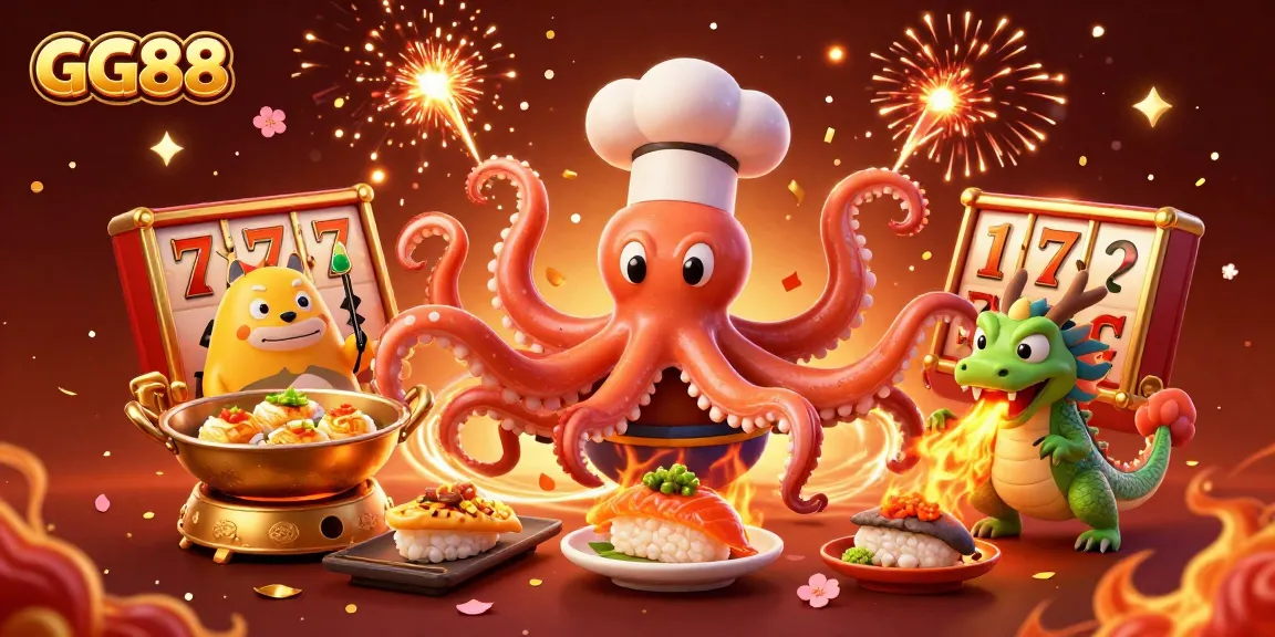 Experience thrilling moments at GG88 with a vibrant 3D illustration of a sushi chef octopus and dragon in a dynamic gaming scene.