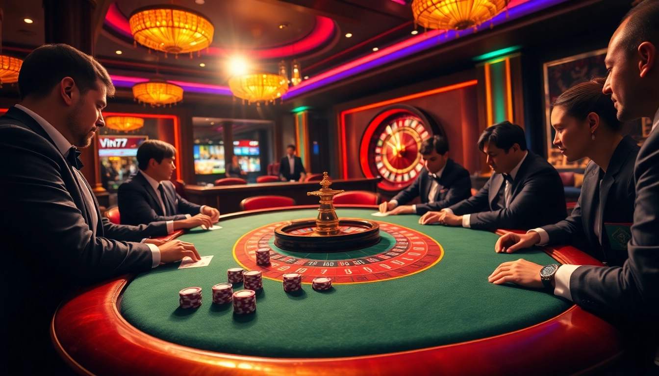 Players enjoying a game at Vin777 casino table, vibrant atmosphere with chips and cards.
