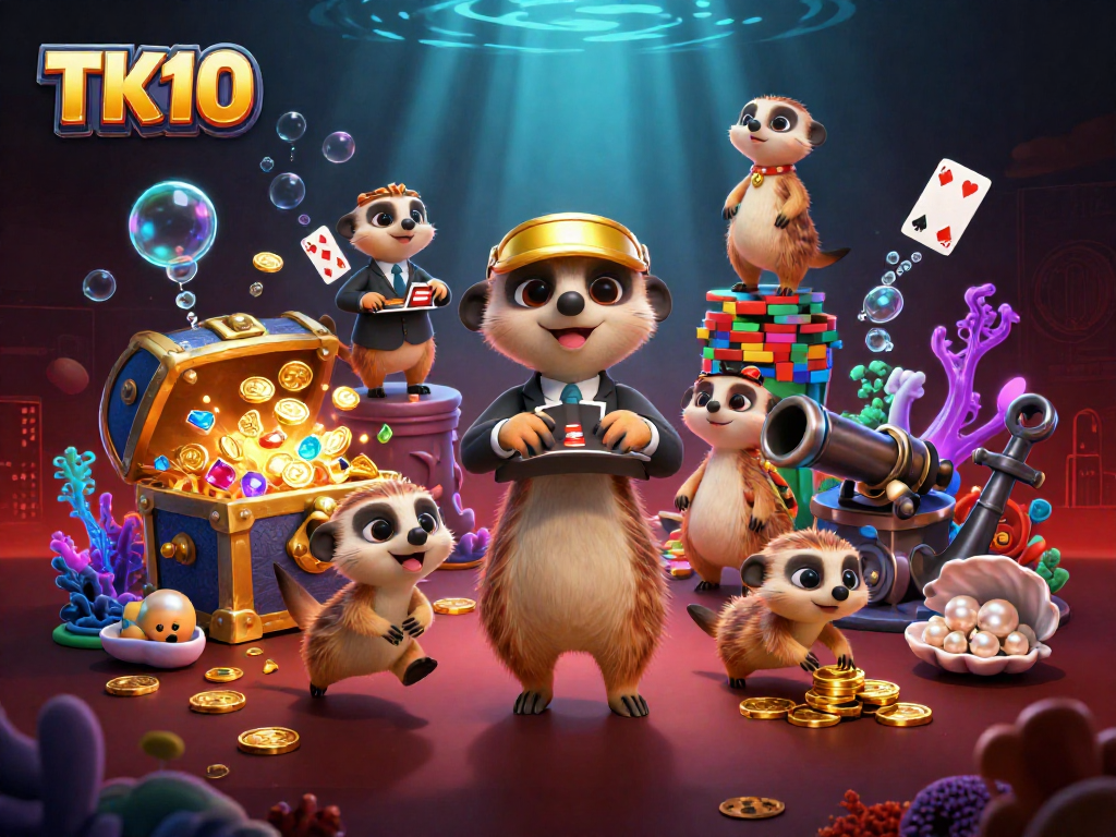 Experience online gaming excitement with TK10's vibrant meerkat casino illustration.