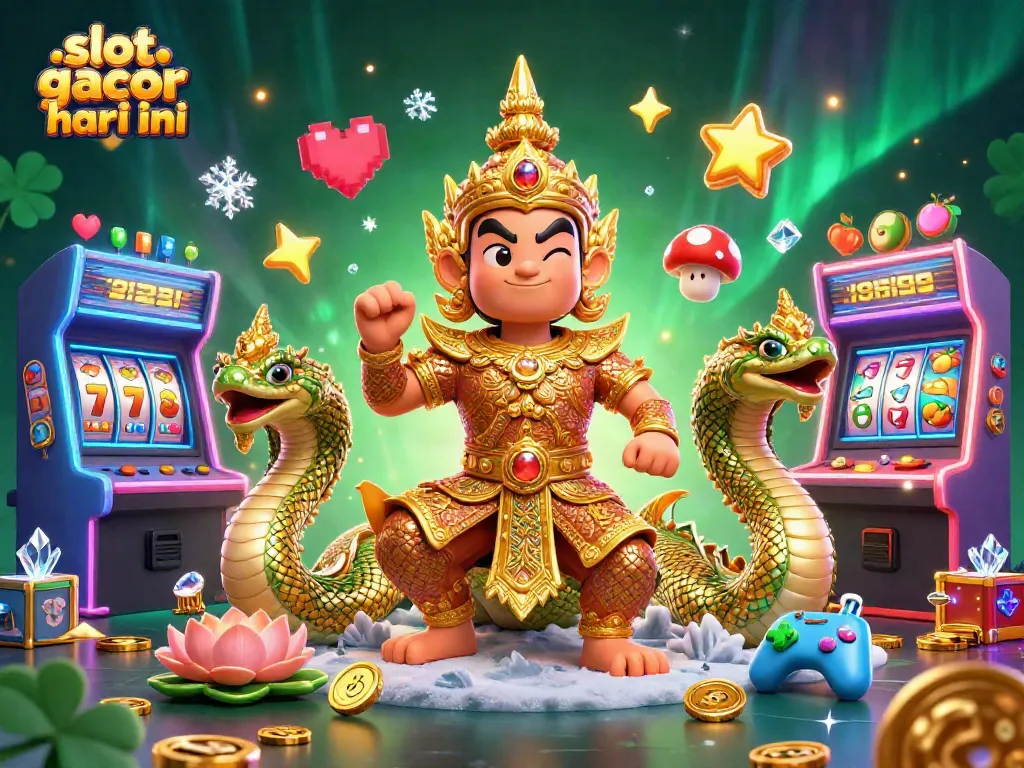 Menangkan slot gacor hari ini dengan ilustrasi 3D detail dari penjaga kuil dan elemen kasino.