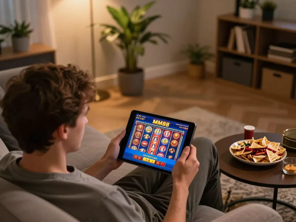 MM88 player engaging with online casino game on tablet, enjoying a vibrant gaming experience.