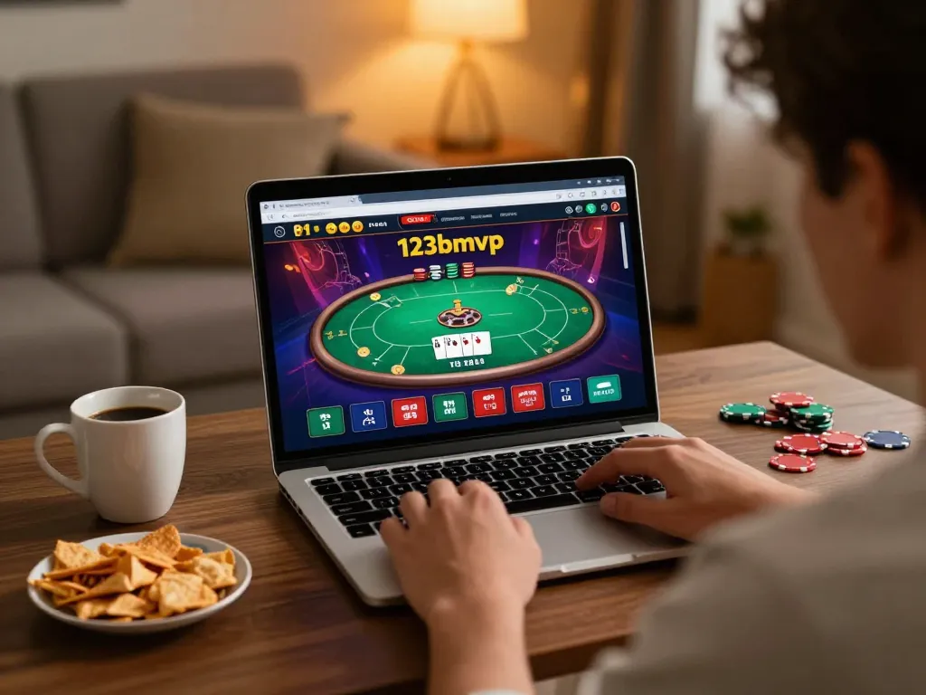 A player gamely engages in online poker at 123bmvp from a cozy home setting.