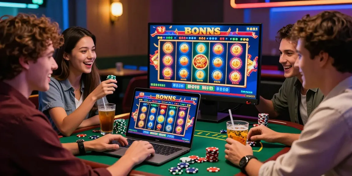 Friends enjoying bonus buy slots during an online casino night with vibrant atmosphere.