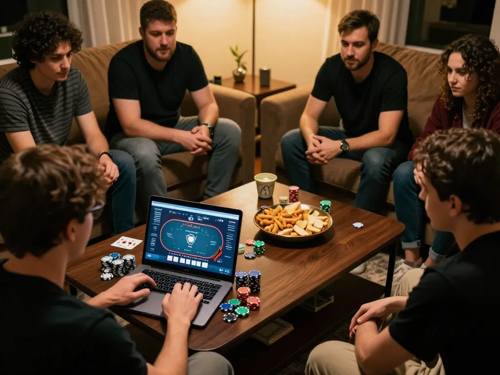 Players enjoy an interactive poker session on tg88 platform with snacks and laptops