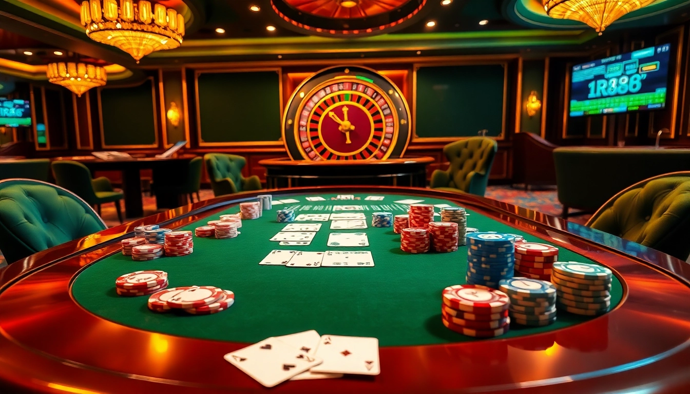 RR88 poker chips and cards displayed on a luxurious table in a vibrant casino setting.