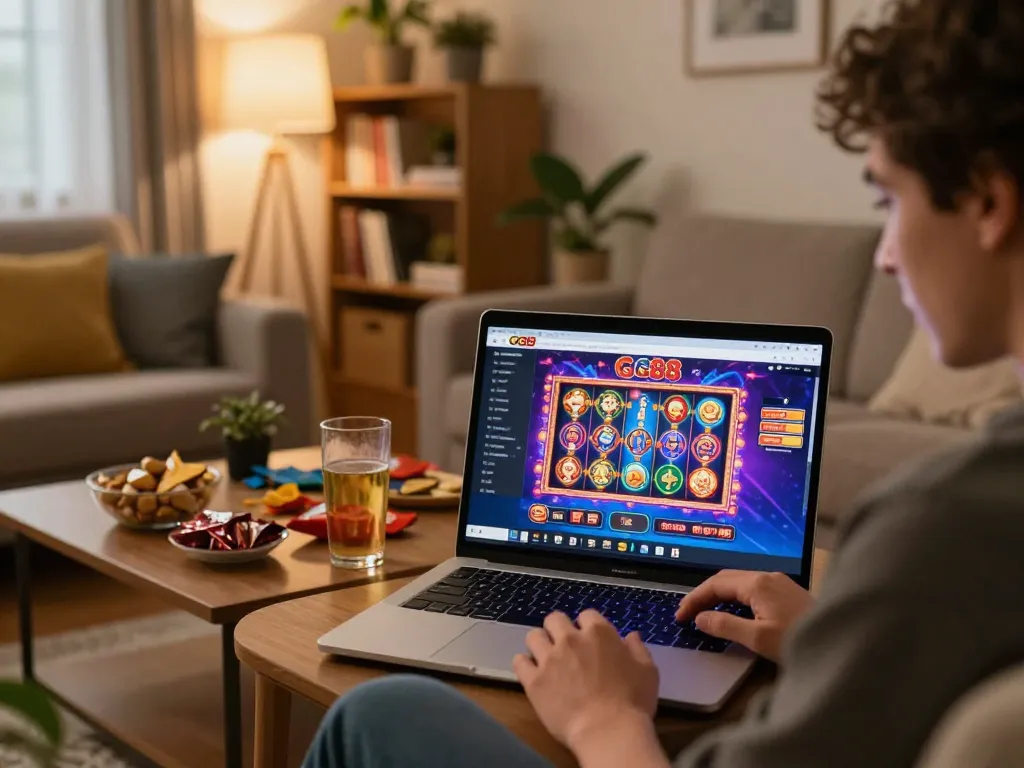 Engaged player enjoying online gambling experience on GG88 platform from cozy home setup