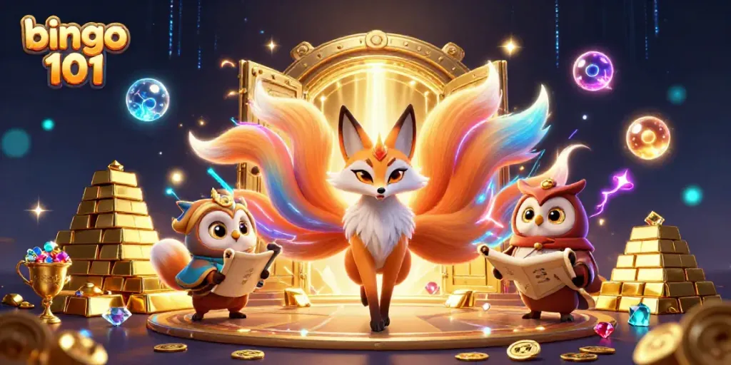 Bingo 101: Experience excitement with a colorful nine-tailed fox spirit amid treasures and game elements.