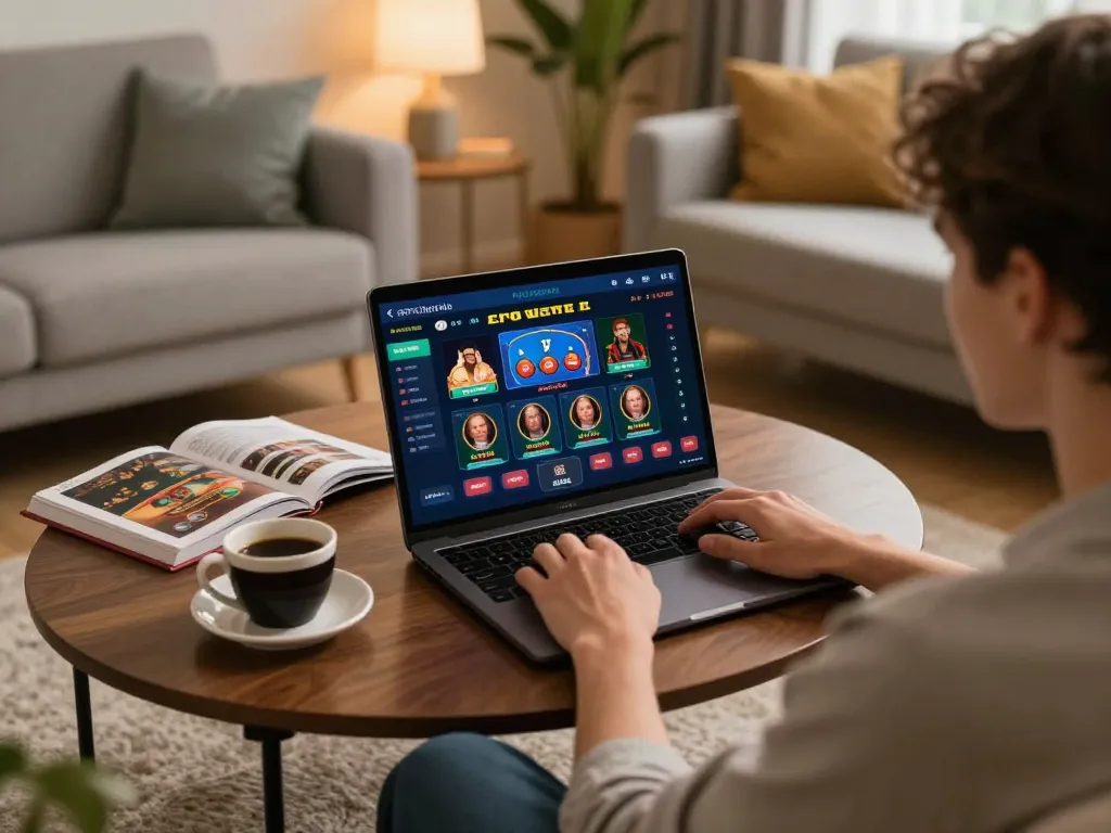 Engaged player enjoying 88x online casino games on laptop in a cozy home setting.