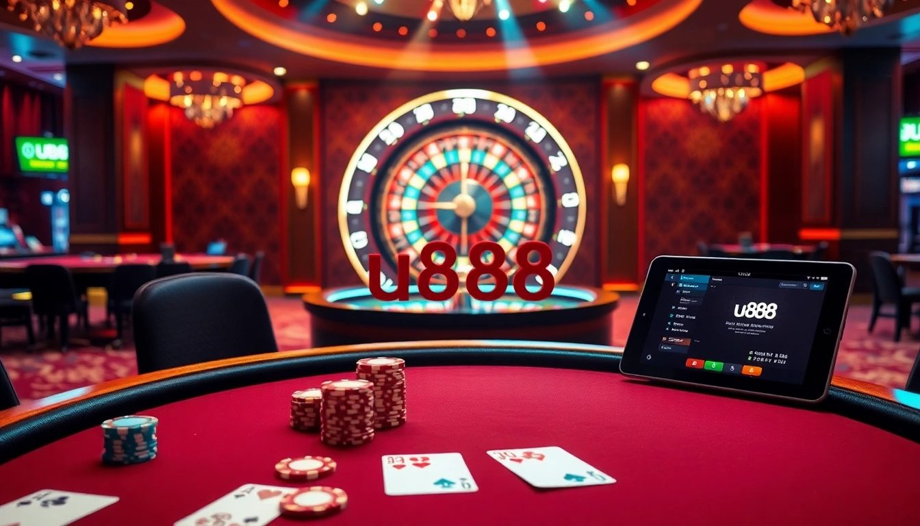 Engaging players at the u888 poker table amid vibrant casino visuals and dynamic betting interfaces.