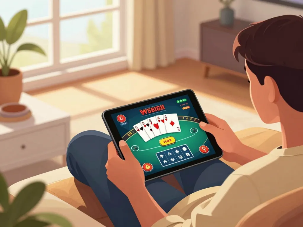 Engaged user playing casino games on a tablet at home to enjoy RR88 SELECT gaming