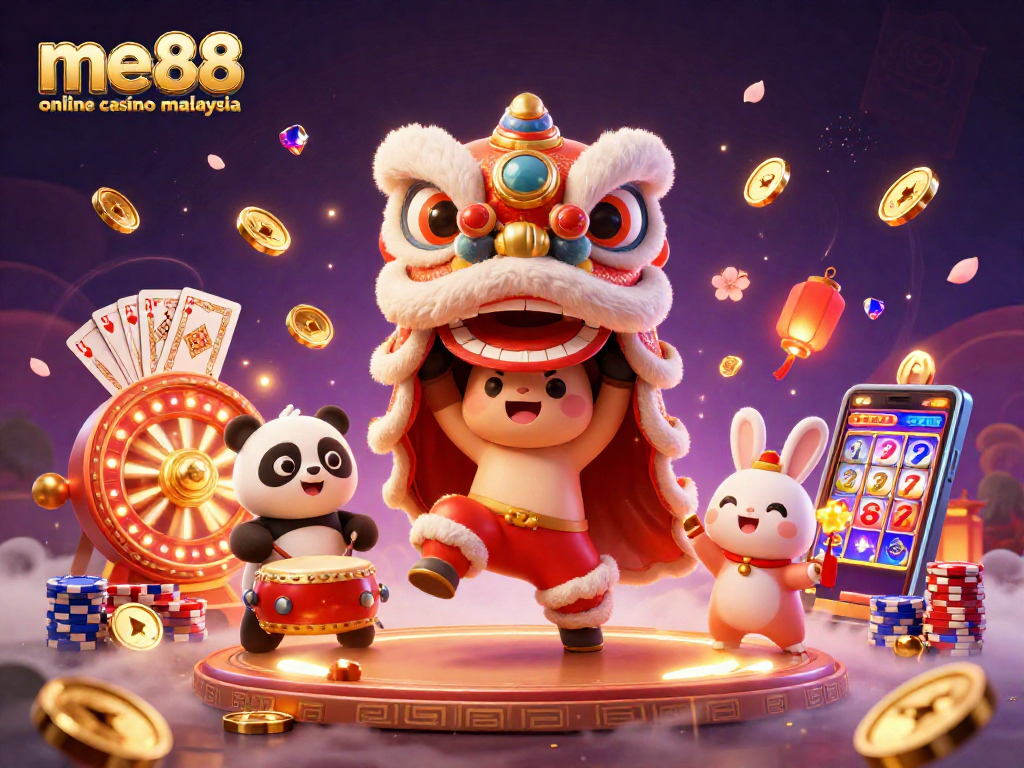 Experience the thrill of me88 online casino Malaysia with an engaging 3D illustration featuring a lion dance and vibrant casino elements.