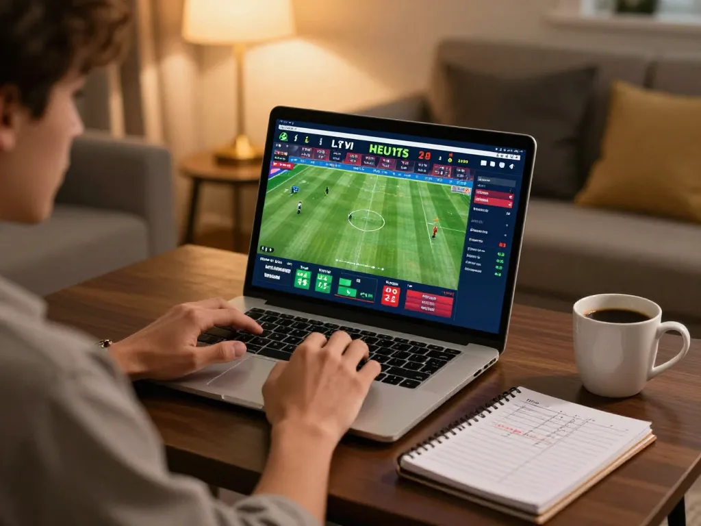 Engaging with kèo bóng đá hôm nay through an online betting platform in a cozy home setting.