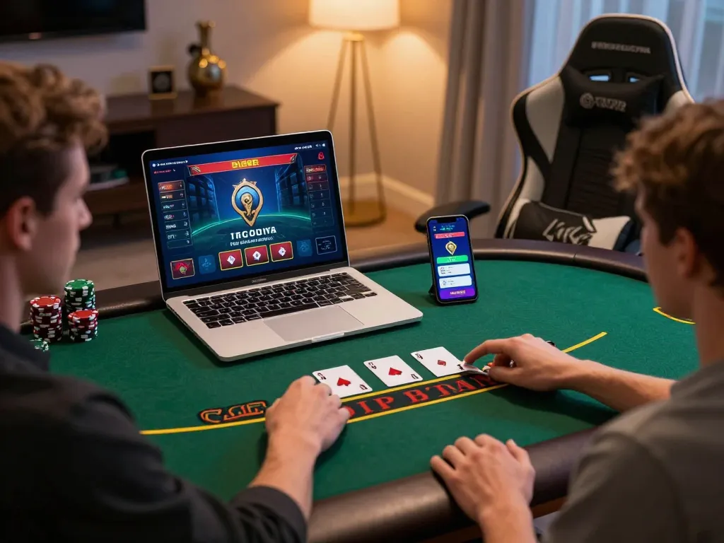 Nk88 win is showcased with a player in an elegant online gaming setup, engaging with live blackjack on laptop.
