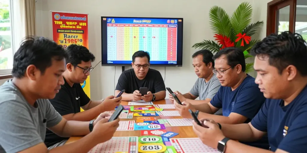 Suasana komunitas ratutogel yang meriah dengan tiket dan layar hasil undian.