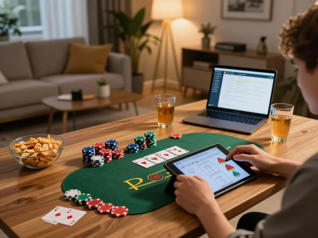 Engaging gaming session at home with Link FB88 on a tablet, player enjoying Blackjack surrounded by snacks.