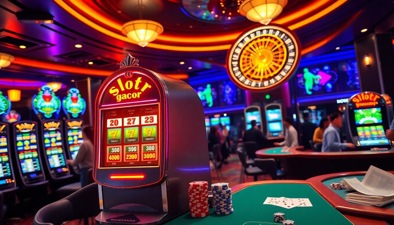 Engaging in thrilling slot gacor gameplay at a vibrant casino filled with excited players.