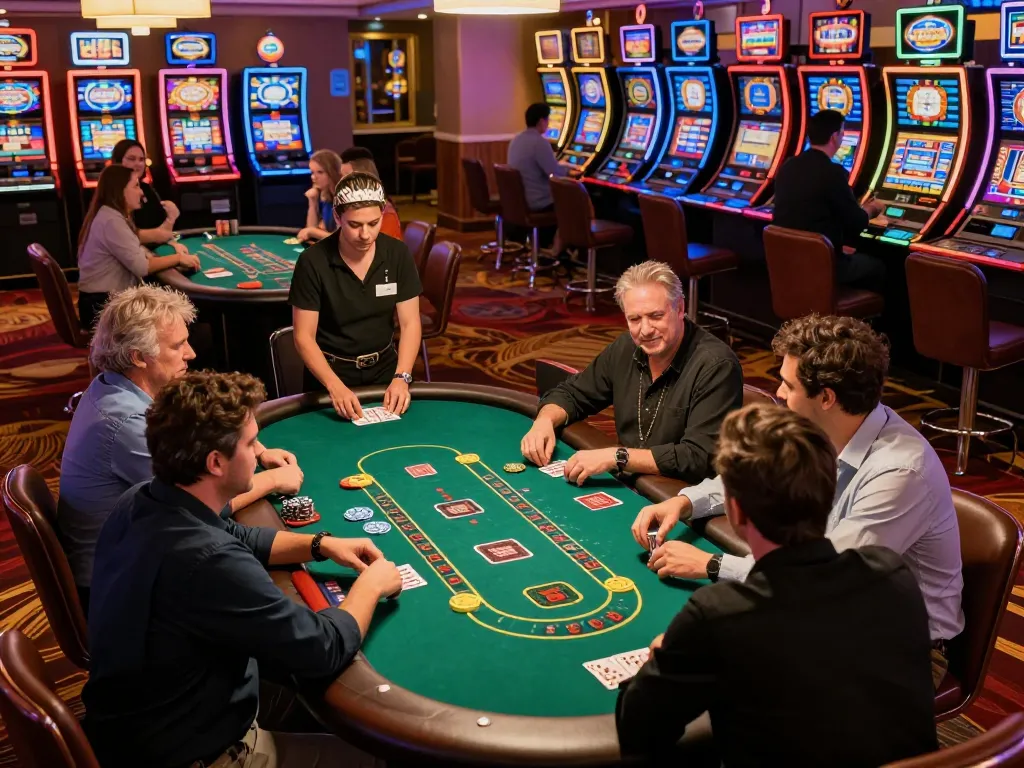 Players engaged in a thrilling blackjack game at the Q88 casino, with dealer captivating their attention.