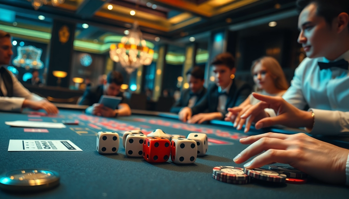 Players enjoying game tài xỉu at an elegant casino table, showcasing excitement and anticipation.