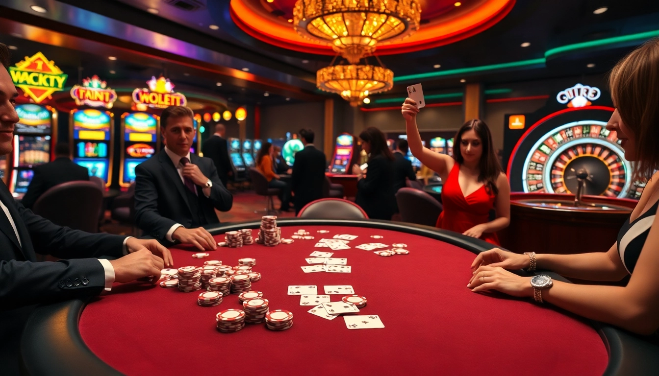 Players enjoying excitement at fun79 casino with poker chips and vibrant slot machines.