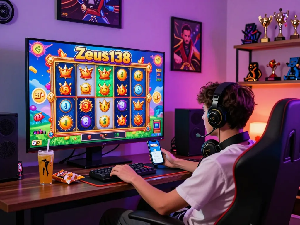 Player enjoying Zeus138 online slots with vibrant graphics and gaming ambiance