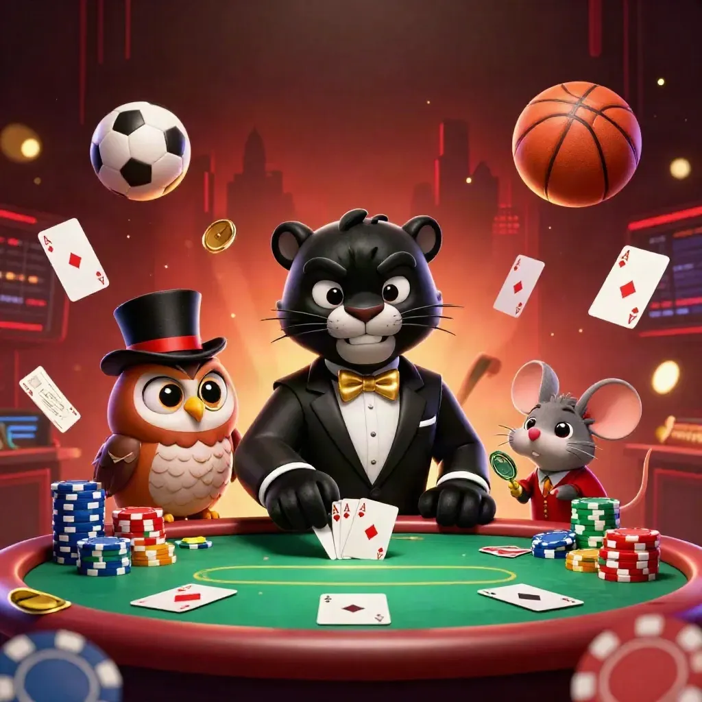 Panther, owl and mouse amid chips, cards, and flying balls in neon casino glow.