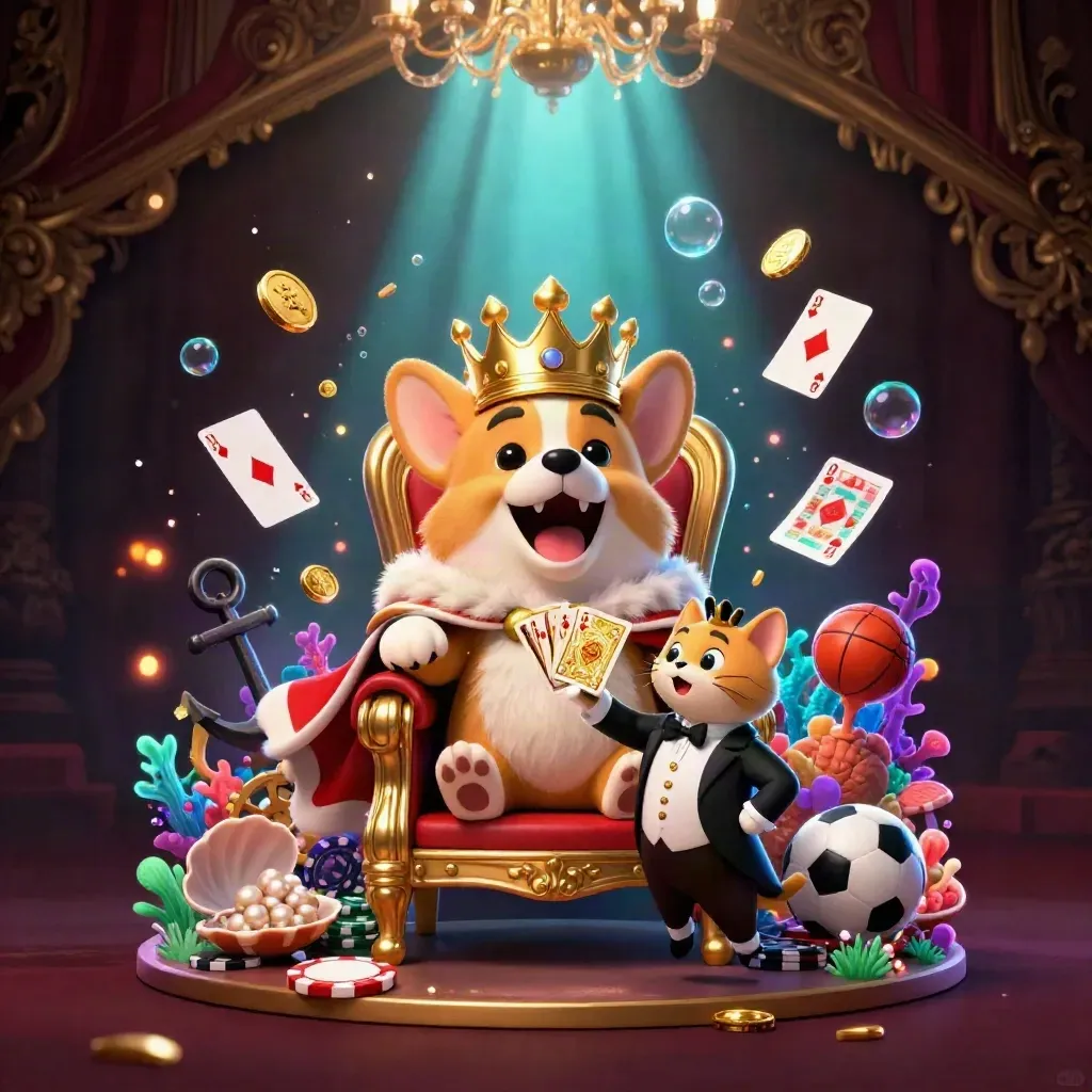 Royal corgi and cat butler in a luxe underwater jackpot scene with treasure, bubbles, and neon glow
