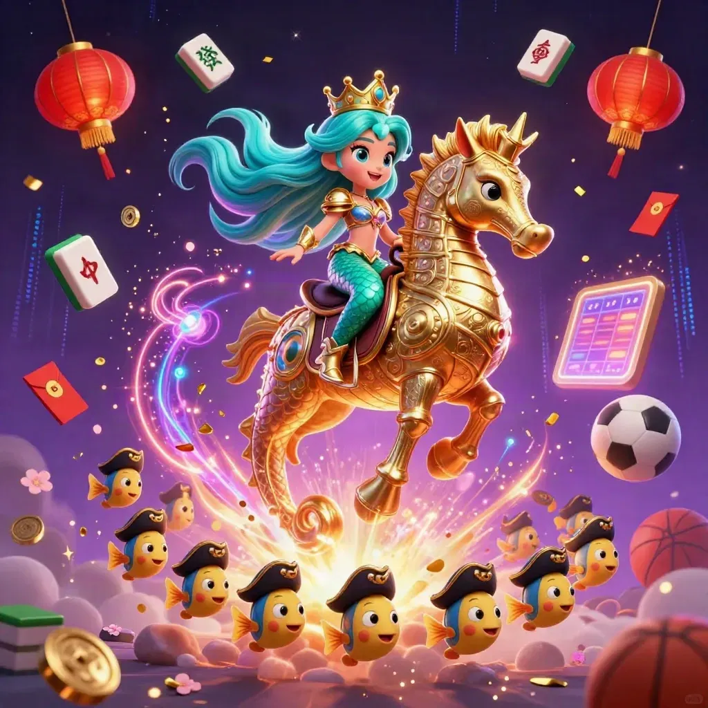 Mermaid princess on armored seahorse amid casino treasures, lanterns, coins, and neon magic.