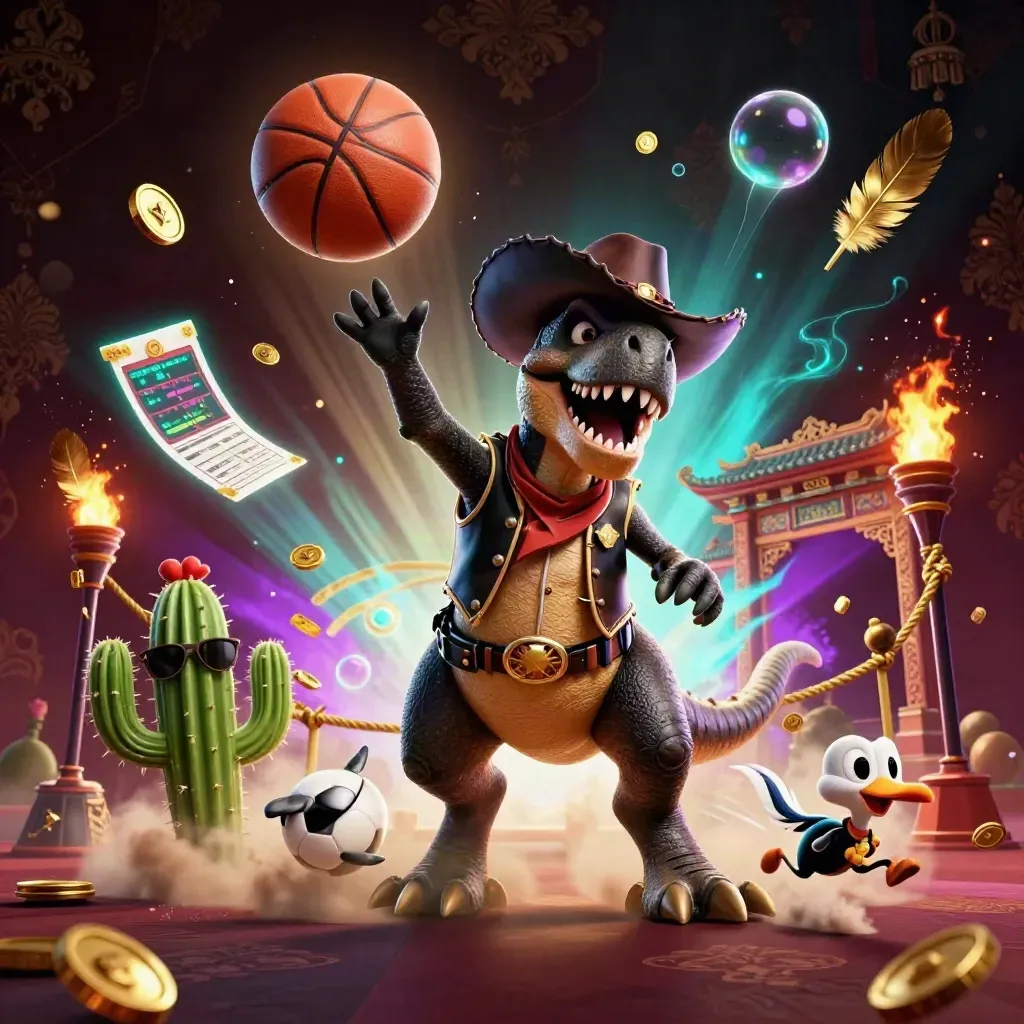 Cowboy T-Rex, cactus and roadrunner amid basketball, coins, neon casino glow