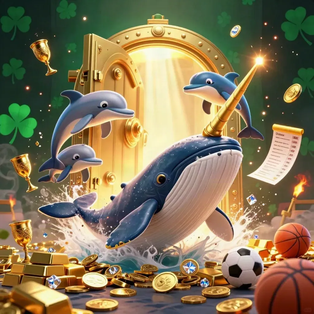 Whale captain, narwhal, dolphins, coins, vault door, gems, and gold in a casino splash scene.
