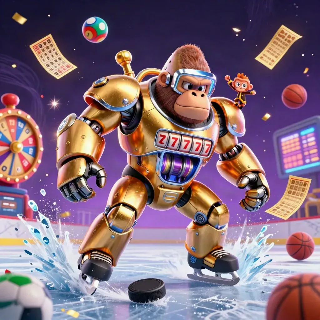 Golden gorilla mech and monkey pilot explode through an ice hockey faceoff with casino icons and ice spray.