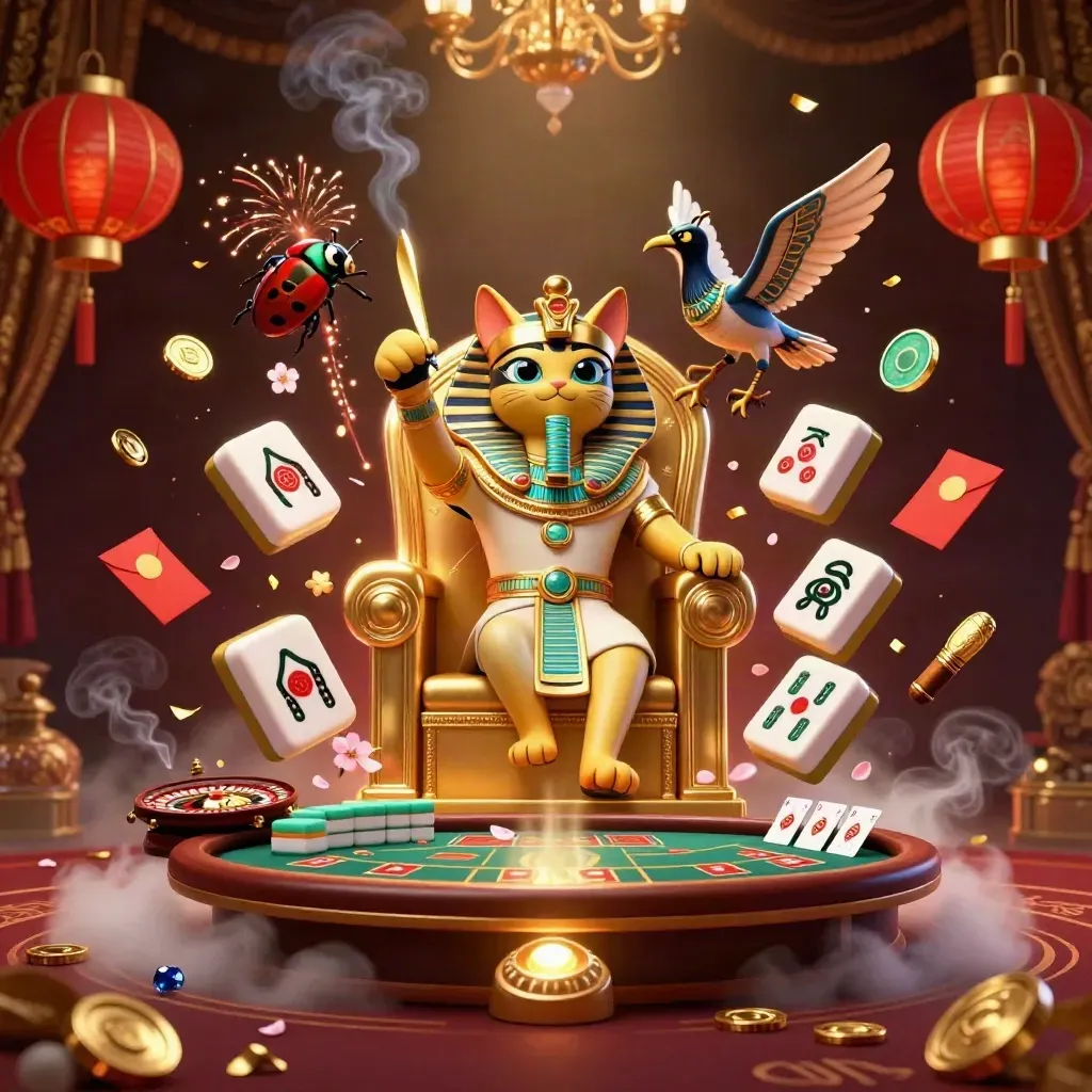Pharaoh cat and ibis scribe amid roulette glow, lanterns, coins, and casino luxury.