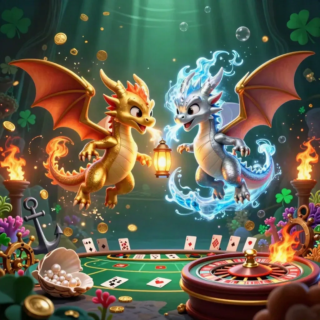 Gold and silver dragons swirl above a jewel-toned treasure cove with casino lights.