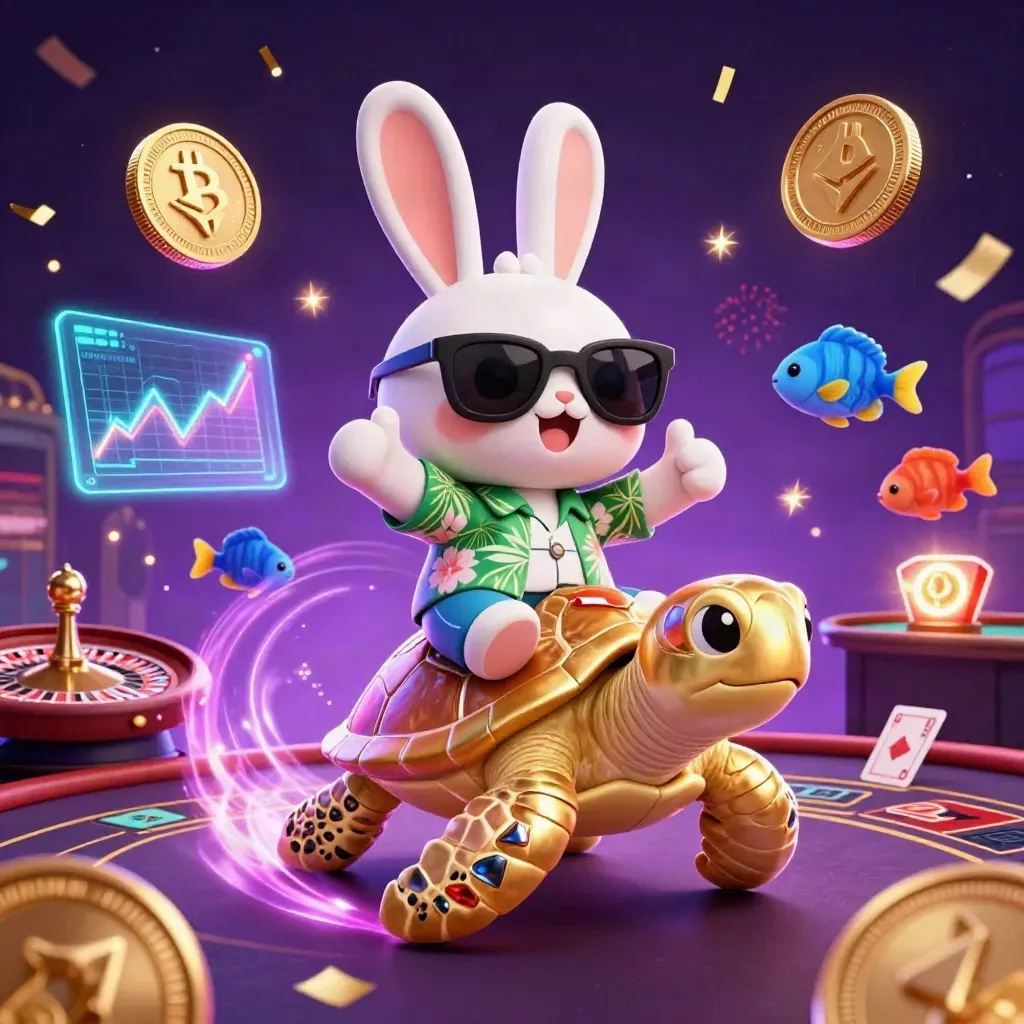 Lucky rabbit rides a golden sea turtle amid neon casino magic, coins, sparks, and purple starlight.