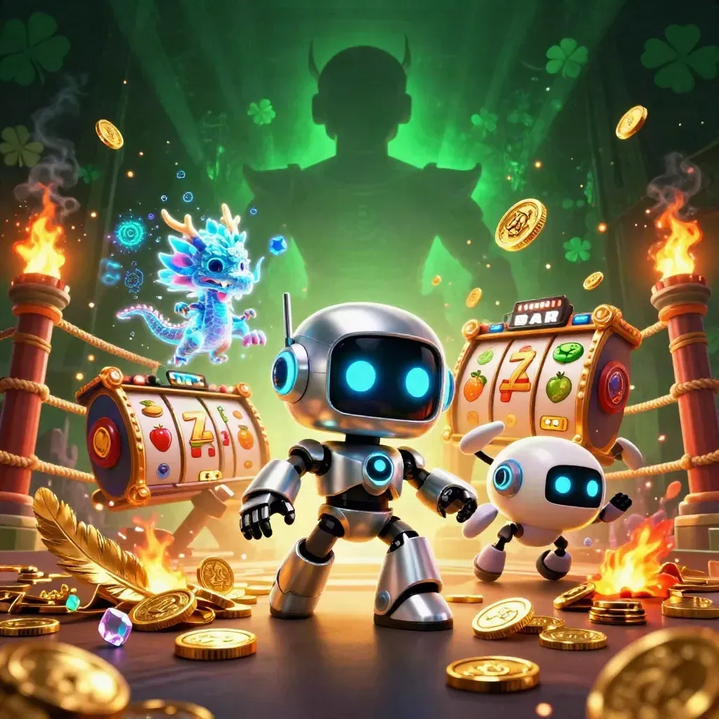 Chrome robot, holographic dragon, and coin drone amid treasure bursts in an emerald casino temple.
