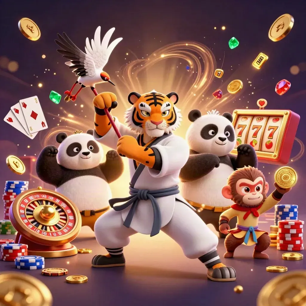 Tiger, panda and monkey amid gold coins, roulette wheel, cards and chips in a neon casino scene.