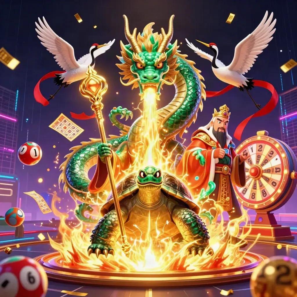 Emerald dragon, turtle sage, and cranes amid casino energy, gold fire, lottery balls, and neon effects.