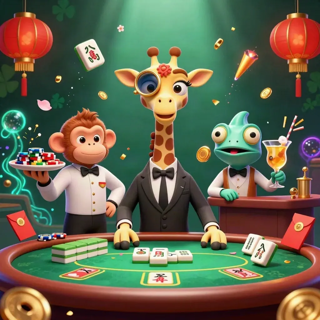 Giraffe high roller with monkey valet and chameleon bartender amid gold casino chaos.