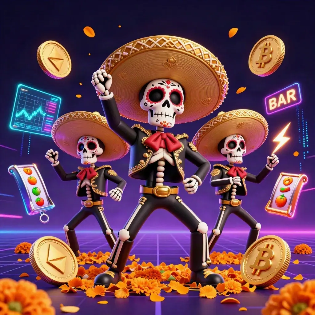 Skeleton mariachi trio with neon coins, jackpot effects, and casino energy