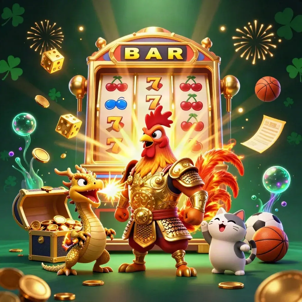 Rooster warrior, dragon hatchling, fortune cat amid jackpot slot bursts, coins, fireworks, and casino glow