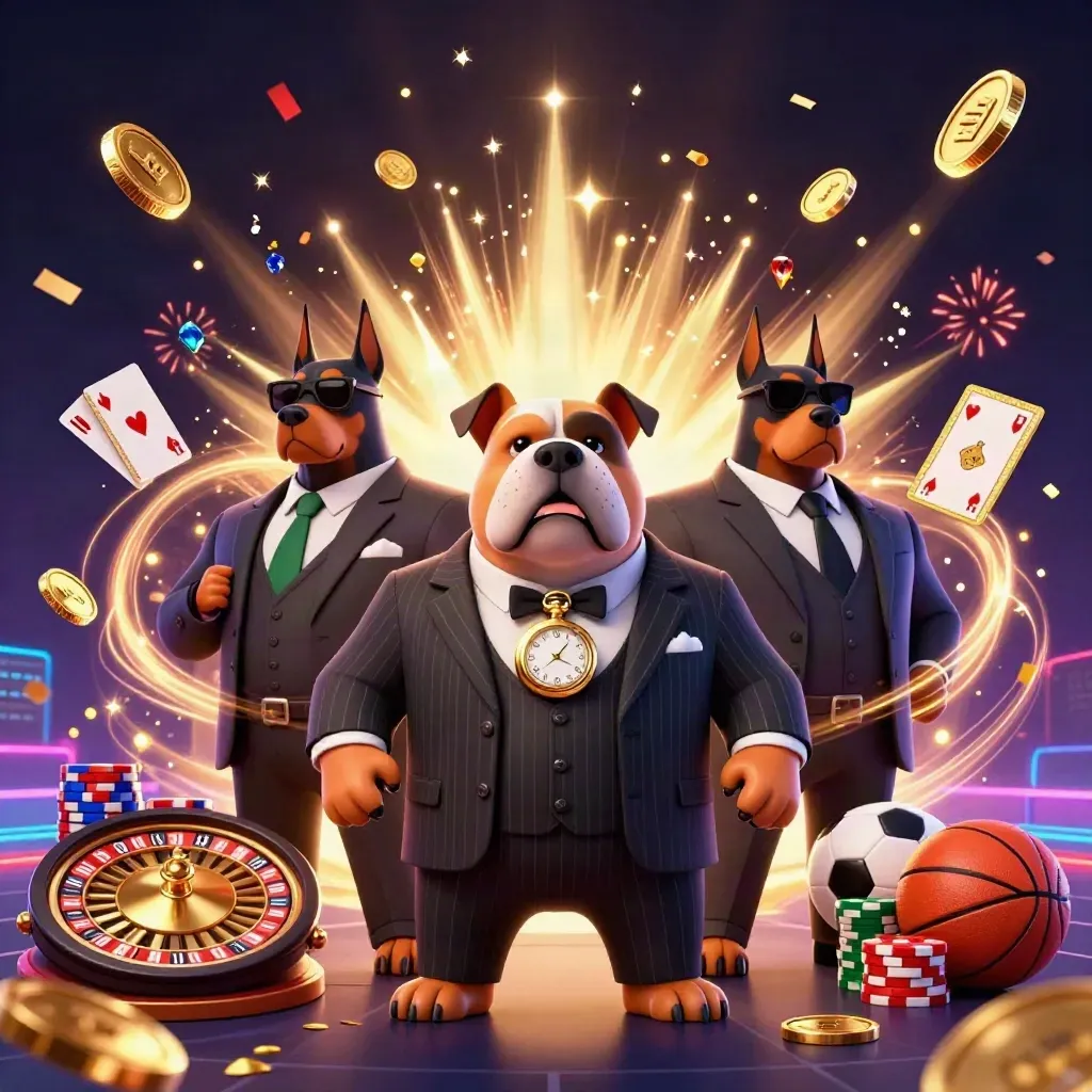 Bulldog mob boss and Doberman guards amid coins, roulette wheel, chips, fireworks, and neon casino effects.