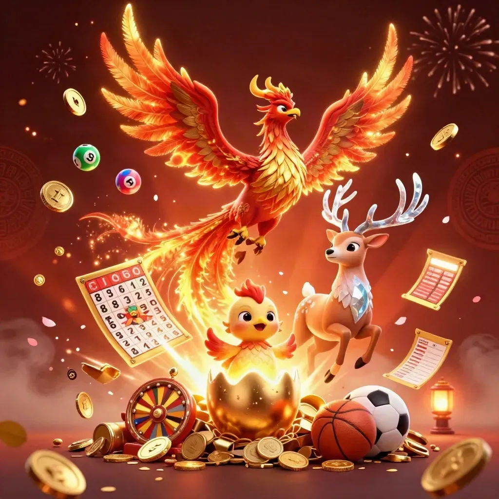 Phoenix, baby phoenix, and crystal-antlered stag amid exploding gold coins, lottery balls, fireworks, and casino prizes.