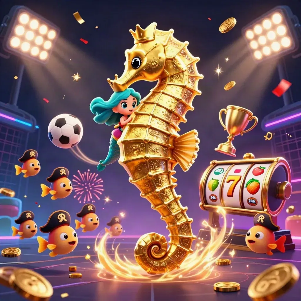 Mermaid princess rides an armored seahorse amid casino loot, sports balls, coins, and neon effects.