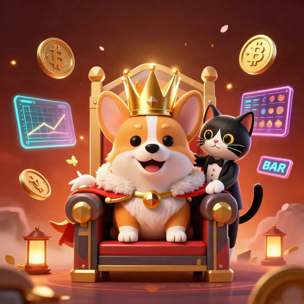 Royal corgi king on chip throne with cat butler, glowing casino coins, chips, petals, and embers.