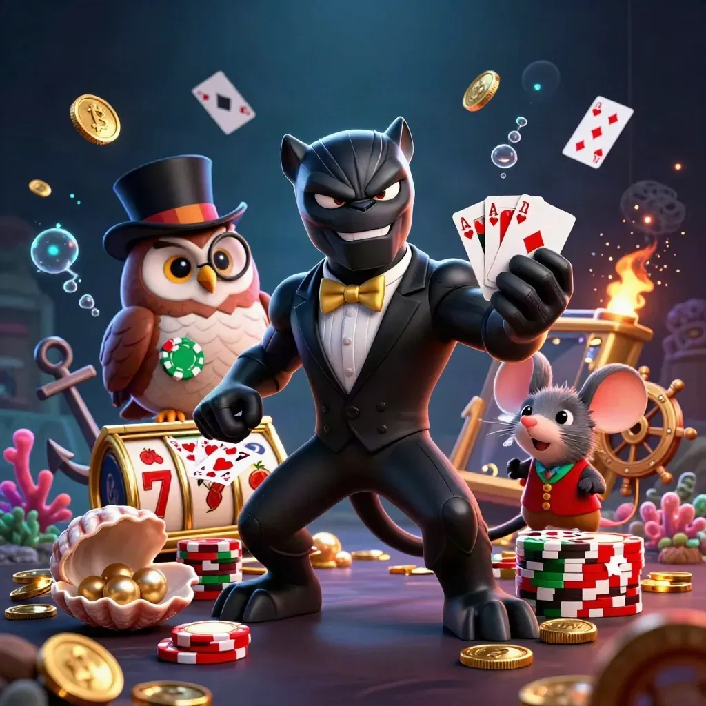Tuxedo panther, owl, and mouse amid coins, coral, chips, slot reels, and glowing casino treasure.